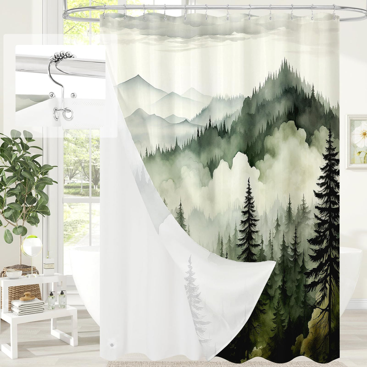 Dark Green Pine Forest Shower Curtain, Misty Woodland, 72 x 72 Inches