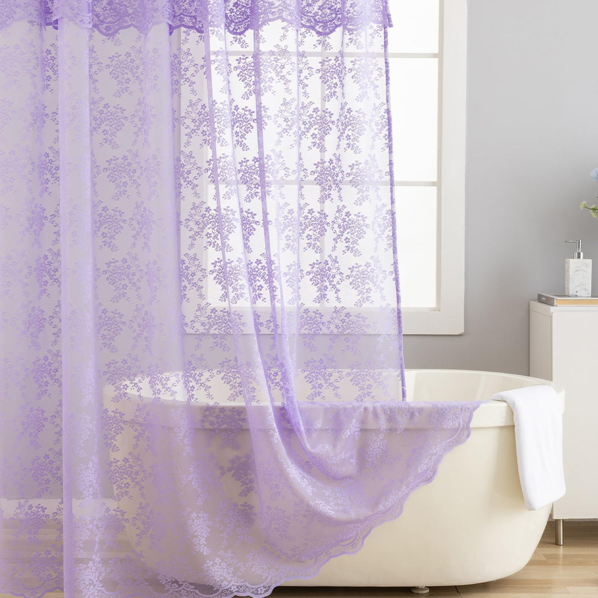 TUDECO Pink Lace Shower Curtain with Attached Valance, 72x72 Inch, 1 Panel