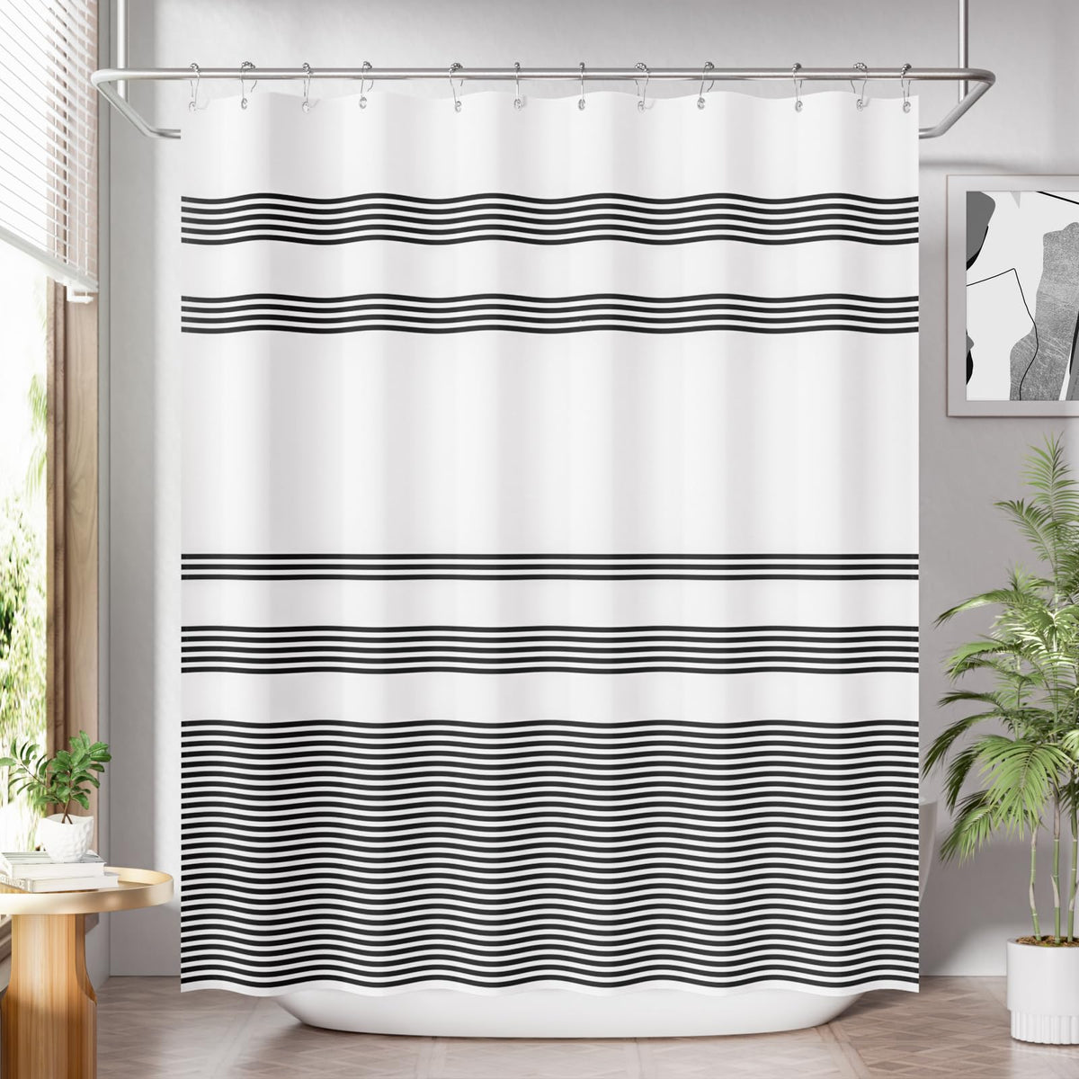AmazerBath Shower Curtain, Washable Cloth Black Shower Curtain Sets with 12 Shower Curtain Hooks, Fabric Rustic Black and White Striped Curtain, Farmhouse Bathroom Curtains, 72x72 Inches