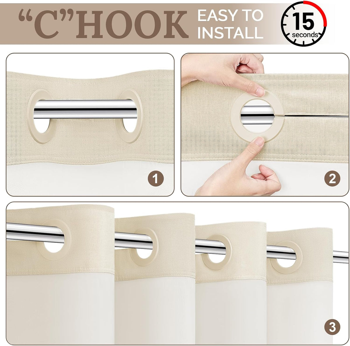 WONICY Hook-Free Shower Curtain with Snap-in Liner, Cream, 71 x 74