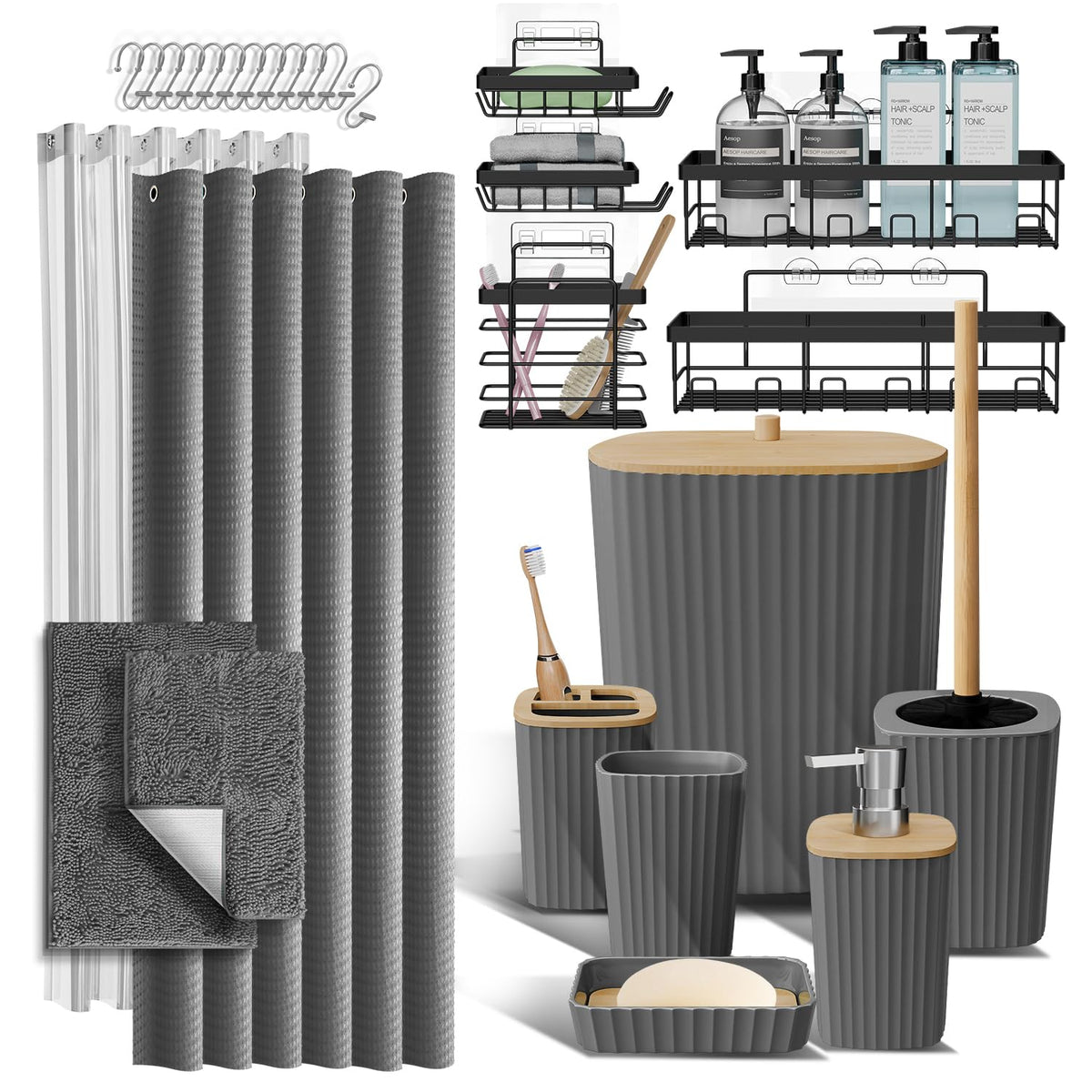 Clara Clark Black Bathroom Set, Shower Curtain Set, Bathroom Accessory Set