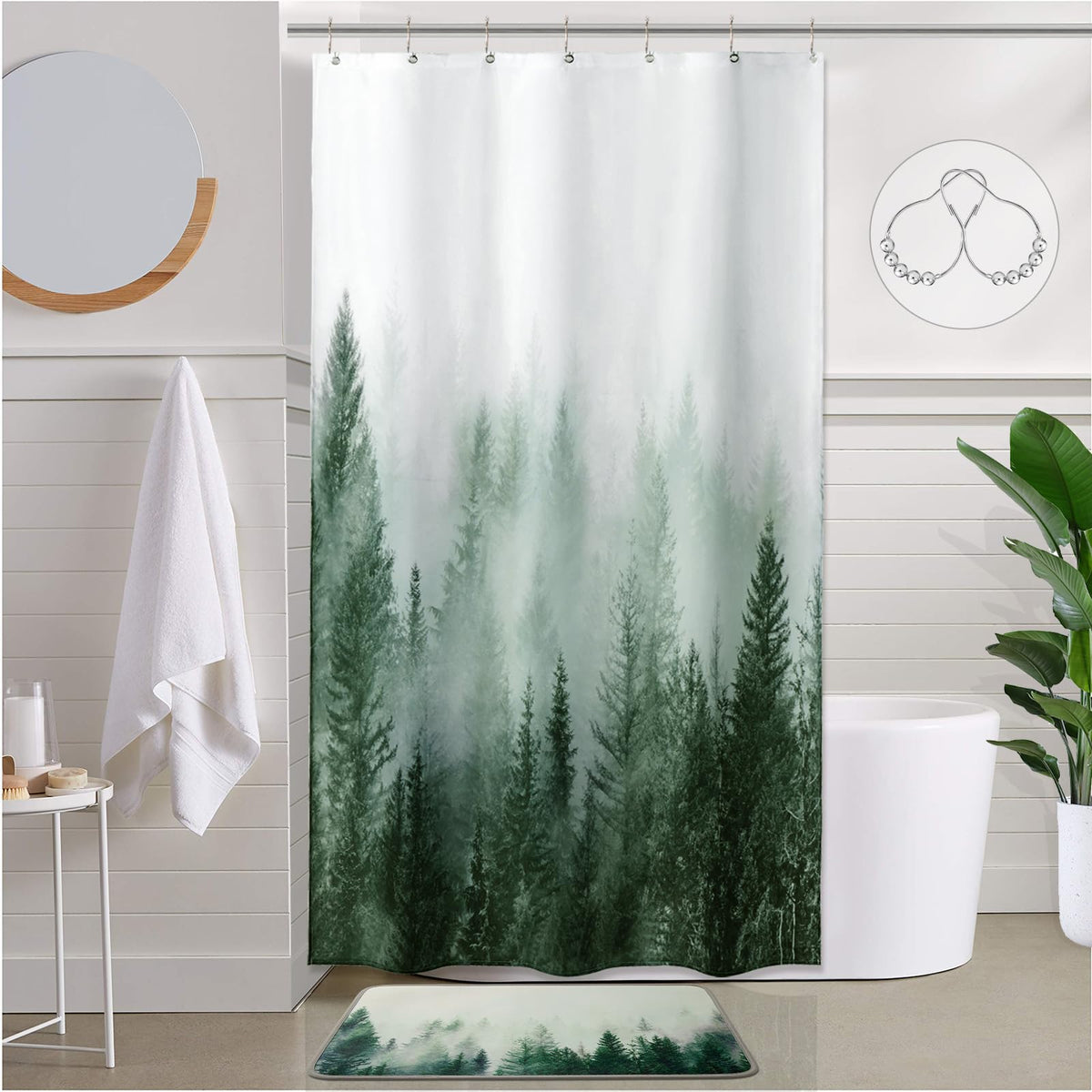 ORTIGIA Black and White Misty Forest Shower Curtain for Bathroom, Nature Woodland Curtain Set with Hooks, Decorative Pine Tree Fog Magic Bath Decor for Home Weighted, 72x72