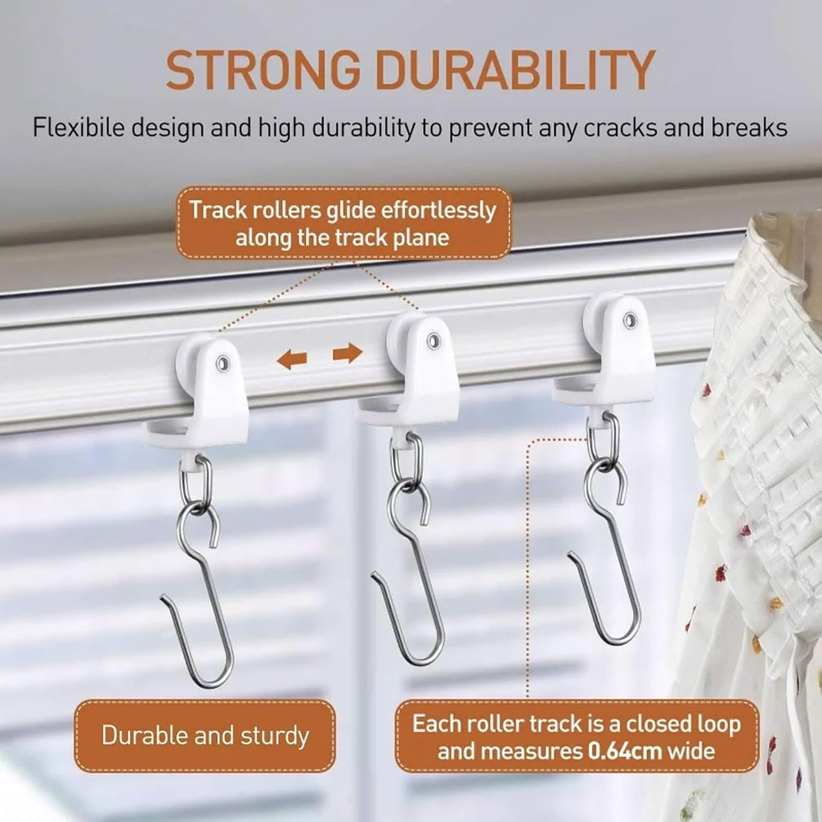 50 Pcs White Plastic Curtain Track Rollers (11mm) with Hooks, Bendable Drapery Rail Gliders for Ceiling/Shower/Window, Bulk Curtain Clips