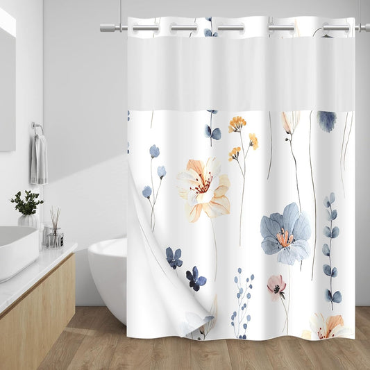 WITHLOC Hook Free Floral Shower Curtain with Liner, Blue Beige, 71x74