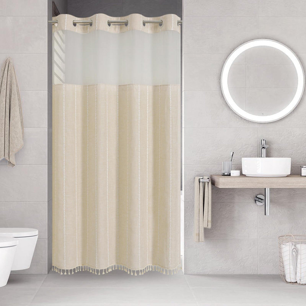 eachope Boho Farmhouse No Hook Shower Curtain Set with Snap-in Fabric Liner,Heavy-Duty Linen Textured Rustic Striped Design,Water-Repellent with Tassels and Sheer Window,Tan/Taupe,71x74