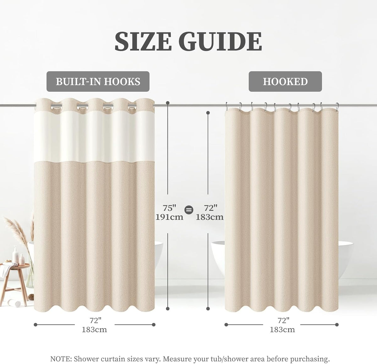 BTTN Cream Ringless Linen Textured Shower Curtain with Snap in Liner, 72x75