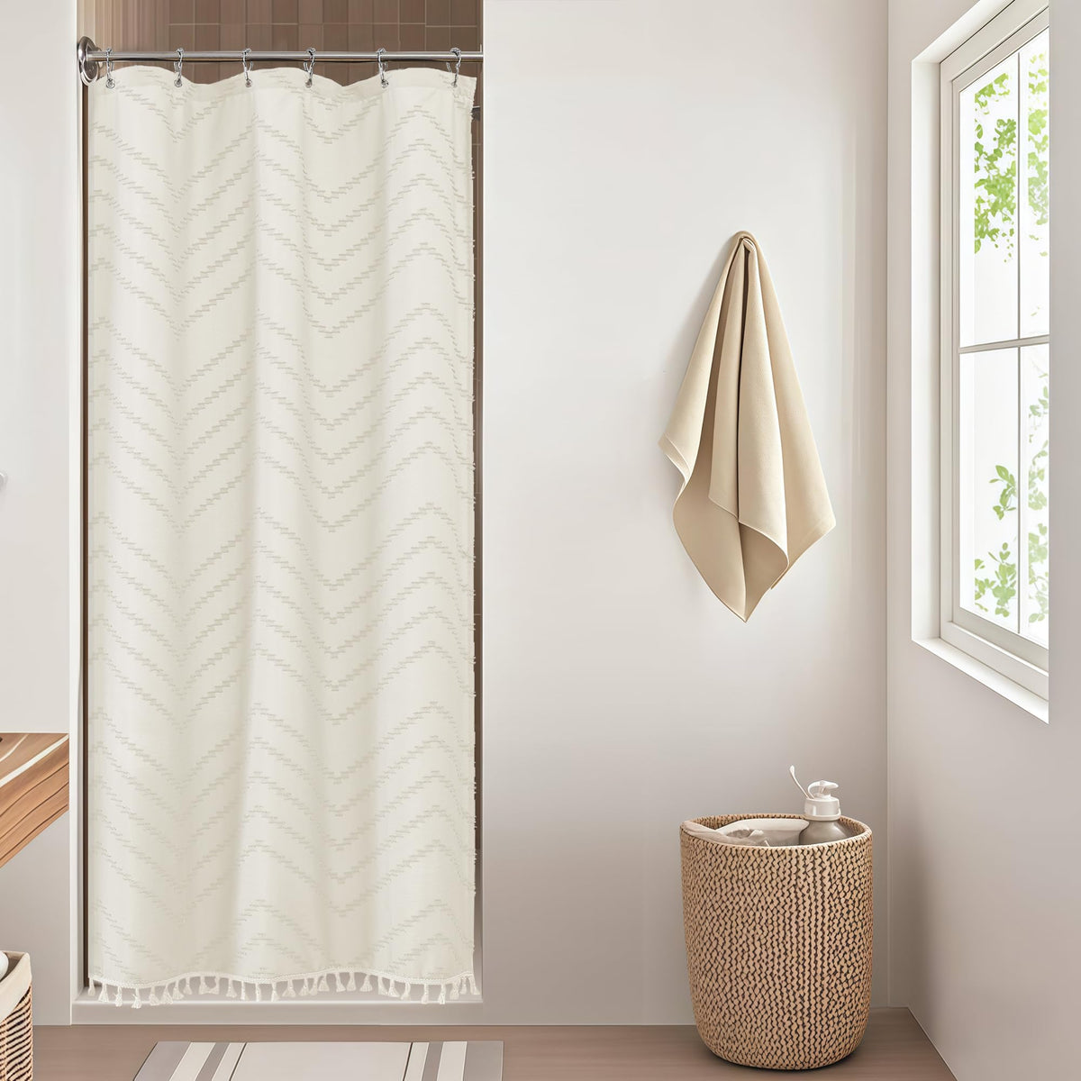 OWENIE Boho Shower Curtain, White Fabric Cloth Shower Curtains Farmhouse Tufted Chevron Striped Textured with Tassel for Bathroom, Soft Hotel Style Modern Minimalist, Machine Washable, 72x72, White