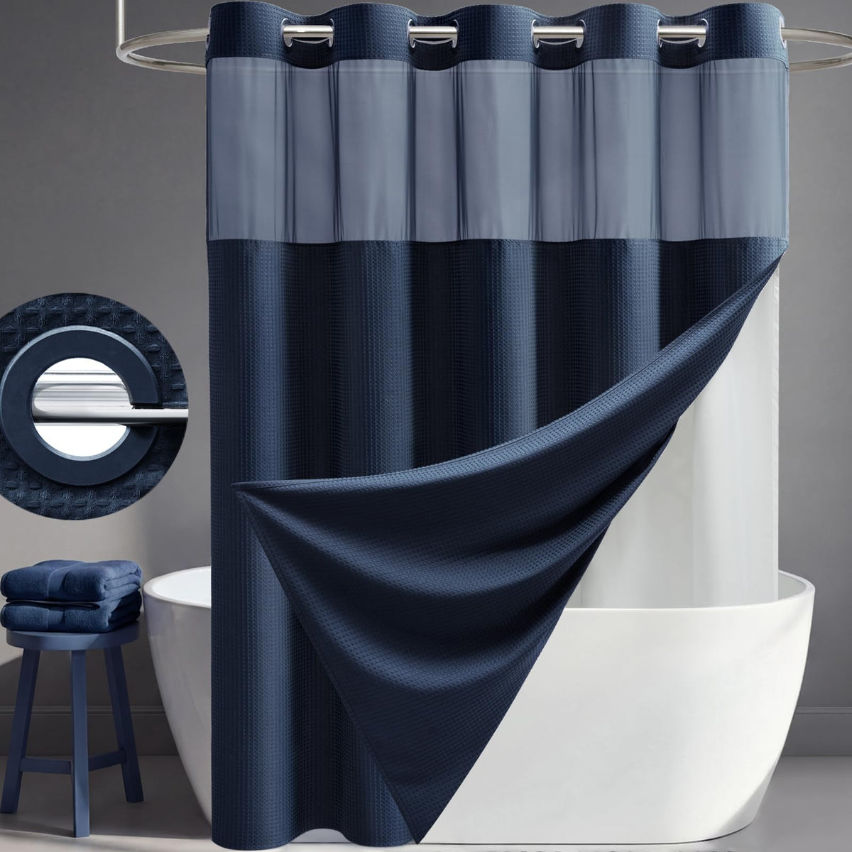 Dynamene Ringless Waffle Weave Fabric Shower Curtain Set, Black, 72"x75"
