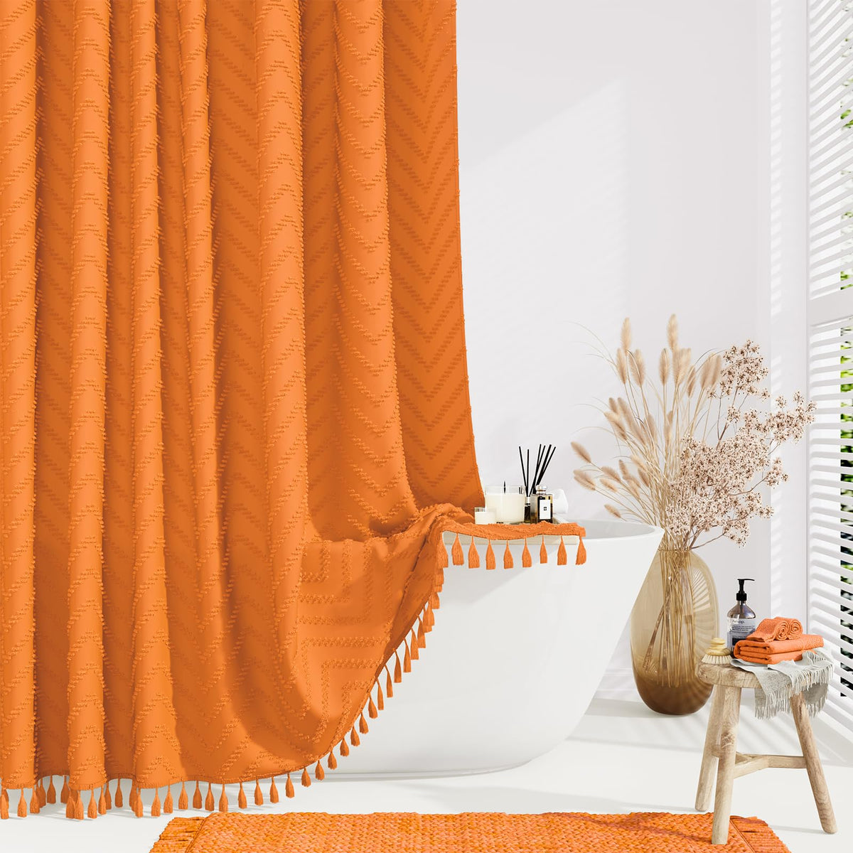 Dynamene Boho Farmhouse Fabric Shower Curtain Tufted Chevron 72"x72" Black
