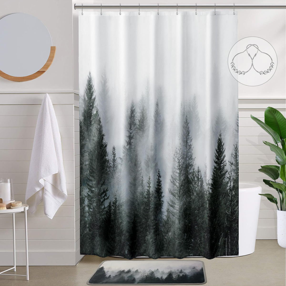 ORTIGIA Black and White Misty Forest Shower Curtain for Bathroom, Nature Woodland Curtain Set with Hooks, Decorative Pine Tree Fog Magic Bath Decor for Home Weighted, 72x72