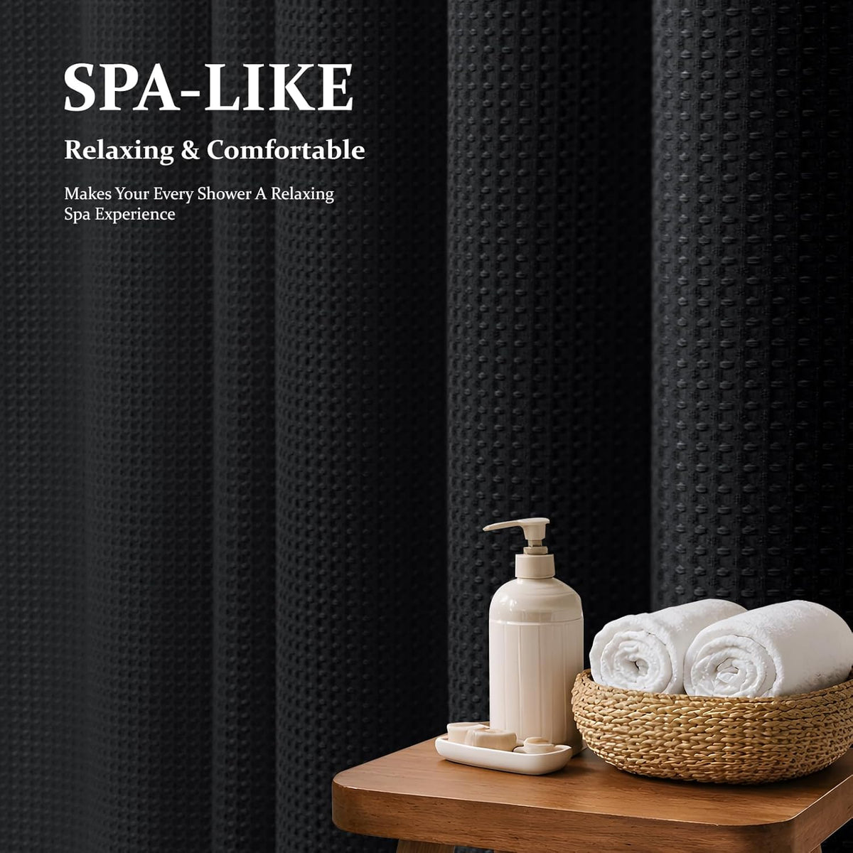 Dynamene Waffle Shower Curtain 256 GSM Heavy Duty Fabric 72"x72" Black