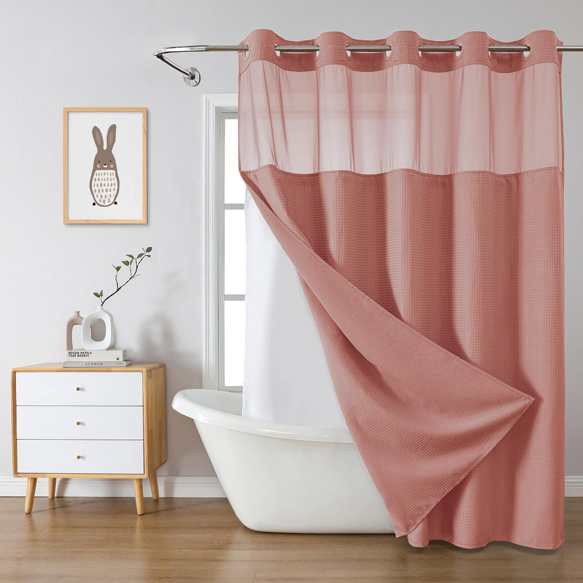 eachope No Hook Waffle Shower Curtain with Snap-in Liner, 71x74 Inch, Grey