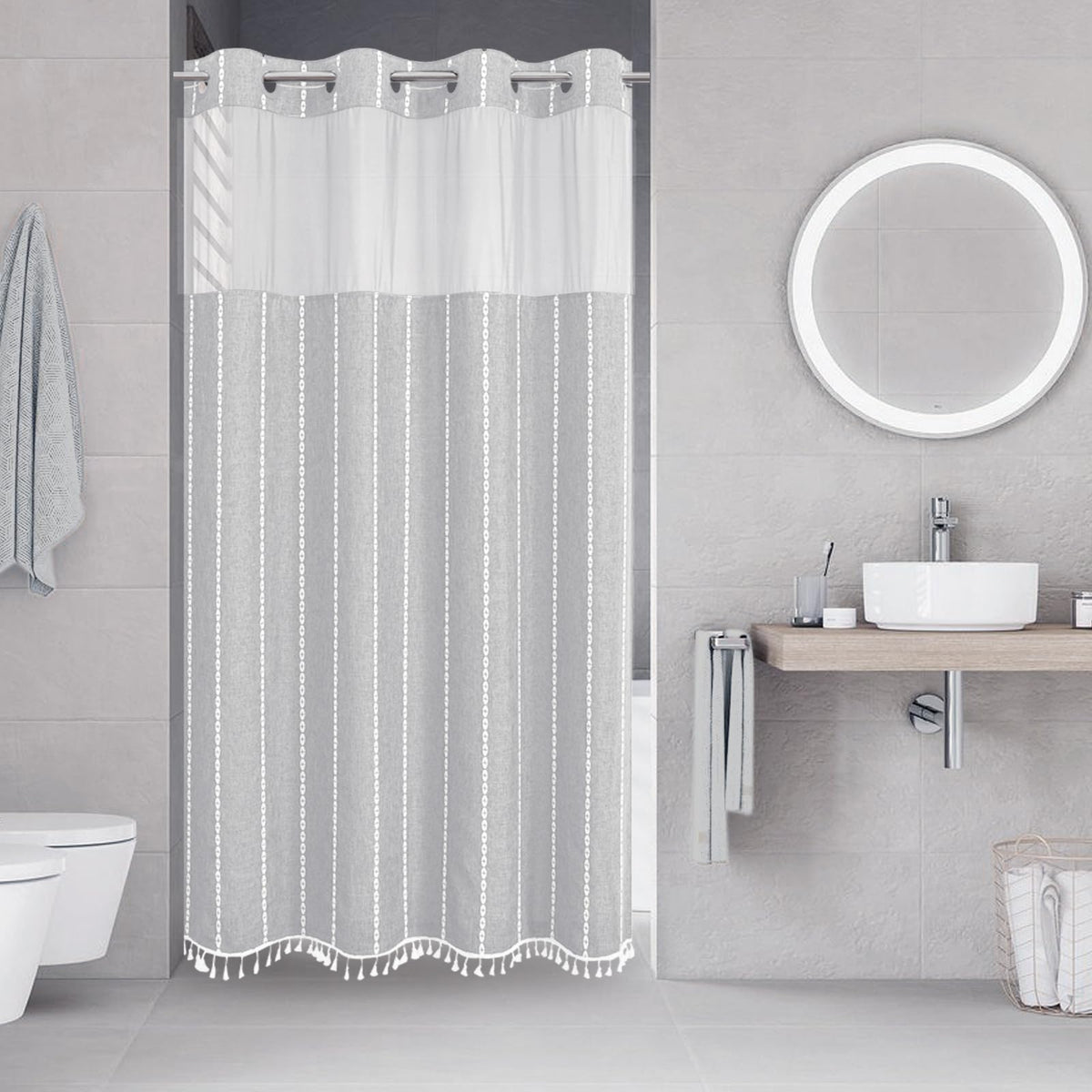 eachope Boho Farmhouse No Hook Shower Curtain Set with Snap-in Fabric Liner,Heavy-Duty Linen Textured Rustic Striped Design,Water-Repellent with Tassels and Sheer Window,Tan/Taupe,71x74