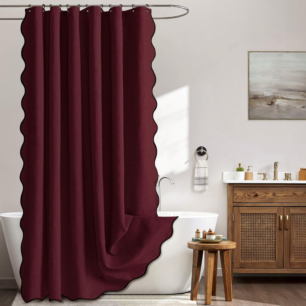 MIULEE Beige Scalloped Shower Curtain Linen Textured with 12 Metal Hooks Cute Heavy Duty Washable Waterproof Neutral Thick Cloth Shower Curtains with Black Border for Bathroom Bathtub,W72*L72 Cream