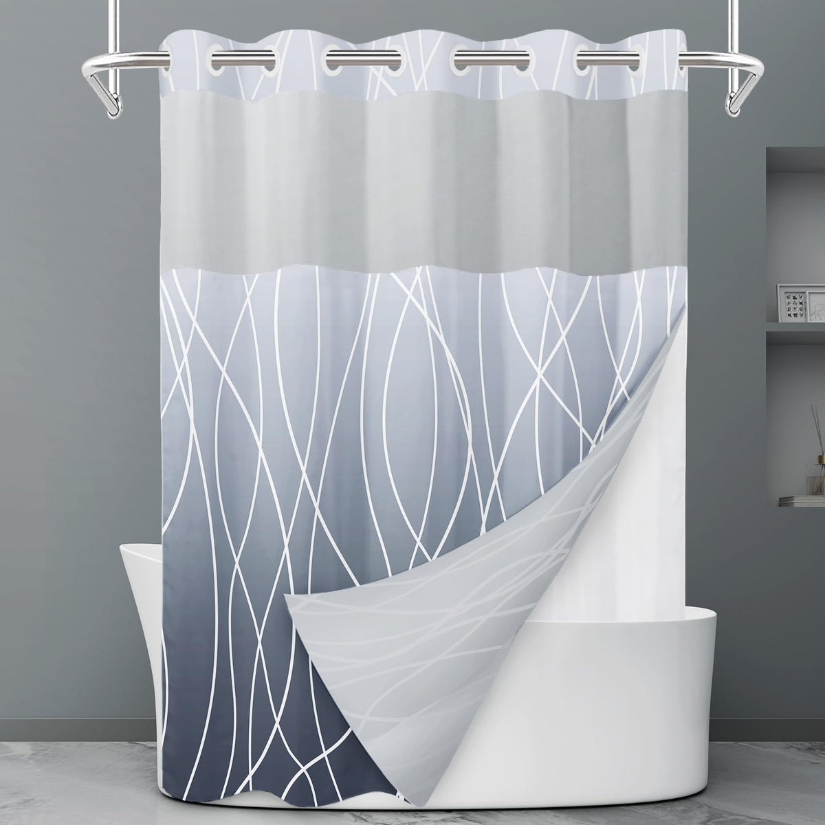 LXBNI Ringless Shower Curtain with Snap-in Liner, Gray White, 71 x 74 Inch