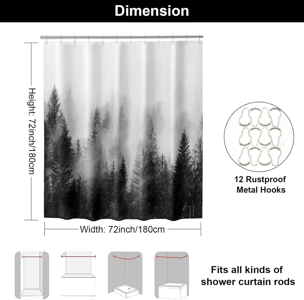 ORTIGIA Black and White Misty Forest Shower Curtain for Bathroom, Nature Woodland Curtain Set with Hooks, Decorative Pine Tree Fog Magic Bath Decor for Home Weighted, 72x72