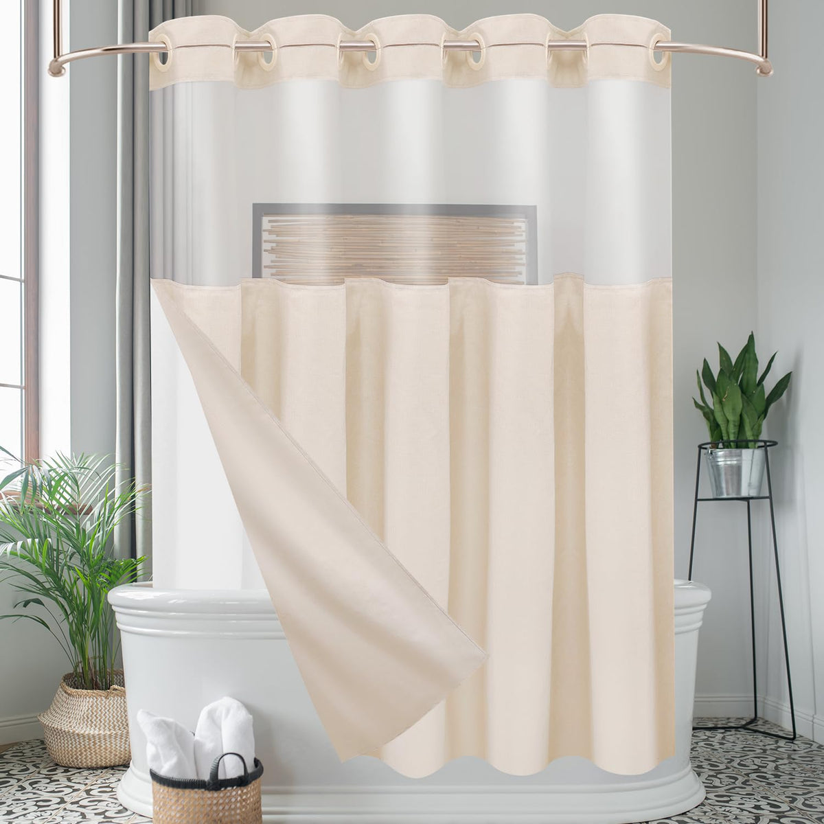Ga-Geetopia Linen Textured Shower Curtain Set with Hooks, Boho Farmhouse Bath Shower Curtains for Beige Bathroom Neutral Cloth, Hotel Luxury, Weighted Hem, 72W x 72L, Cream