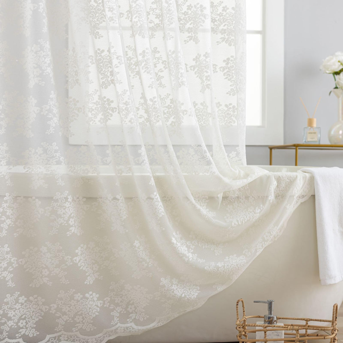 TUDECO Pink Lace Shower Curtain with Attached Valance, 72x72 Inch, 1 Panel