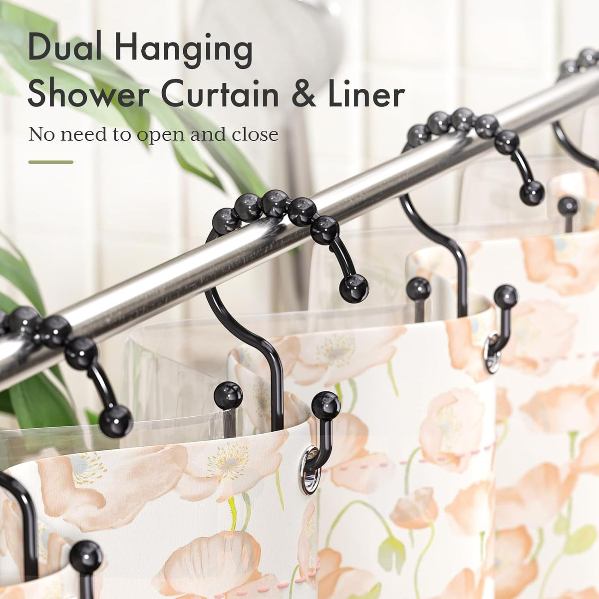 Amazer Plastic Shower Curtain Hooks, Black Shower Curtain Rings, 12Pcs Shower Hooks for Shower Curtain, Double Shower Rings, Bathroom