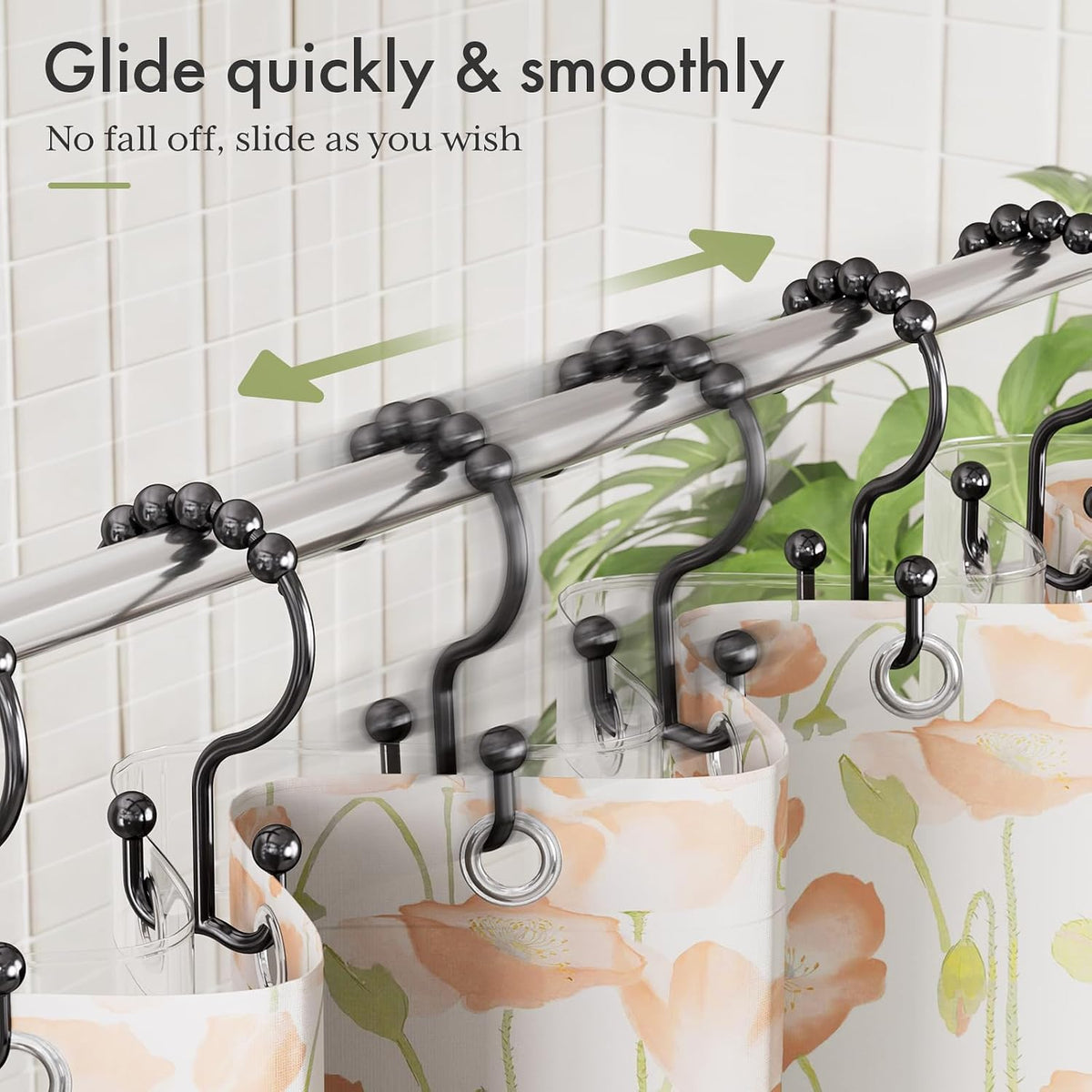 Amazer Plastic Shower Curtain Hooks, Black Shower Curtain Rings, 12Pcs Shower Hooks for Shower Curtain, Double Shower Rings, Bathroom