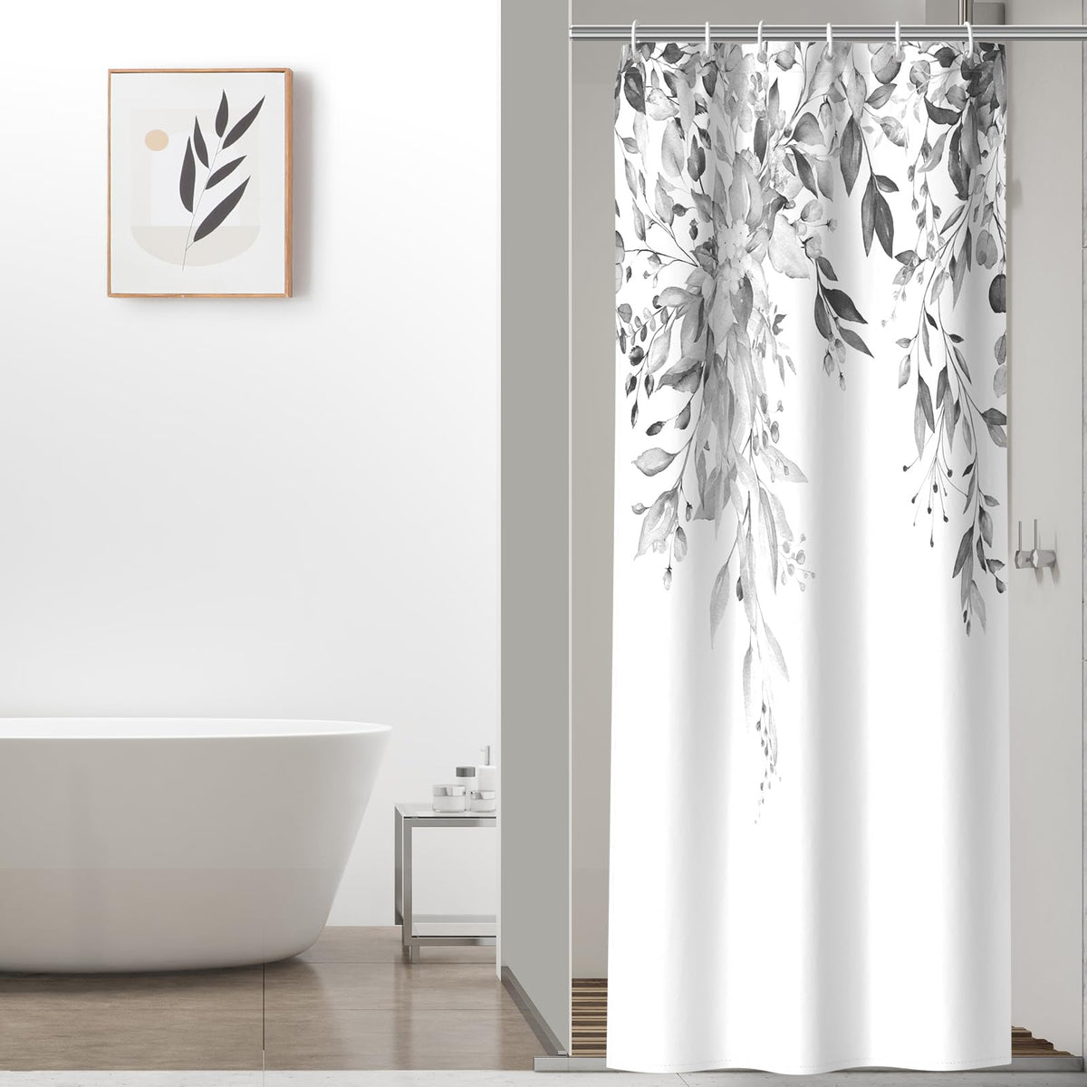 Colorful Star Grey Eucalyptus Floral Shower Curtain with Hooks, 72"W x 84"L