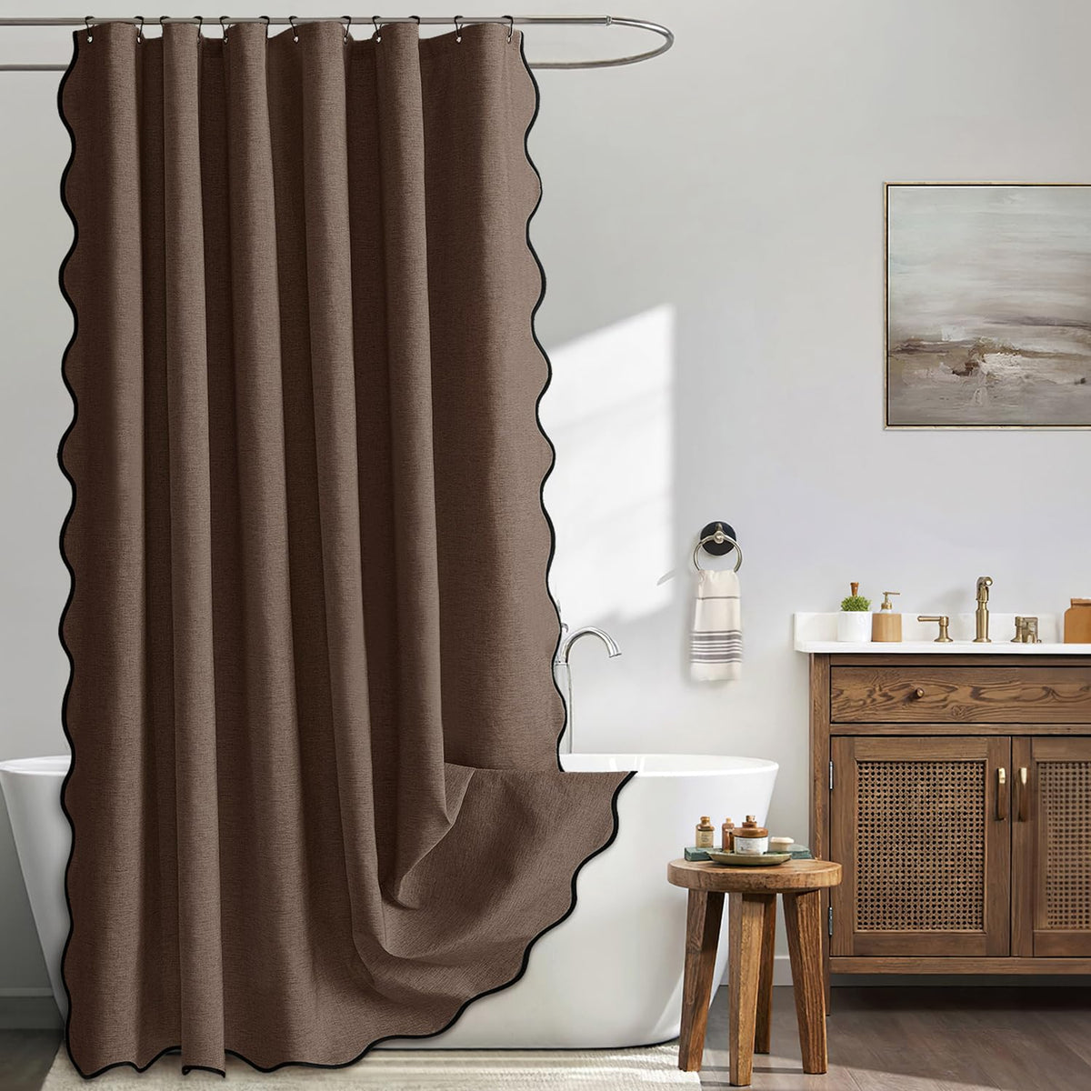 MIULEE Beige Scalloped Shower Curtain Linen Textured with 12 Metal Hooks Cute Heavy Duty Washable Waterproof Neutral Thick Cloth Shower Curtains with Black Border for Bathroom Bathtub,W72*L72 Cream