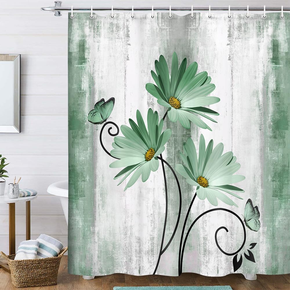 Rustic Farmhouse Shower Curtain, Farm Tan Cream Daisy Floral Flowers and Butterfly on Country Wooden Shower Curtains for Bathroom, Beige Brown Home Decor with 12PCS Hooks, 70X70IN