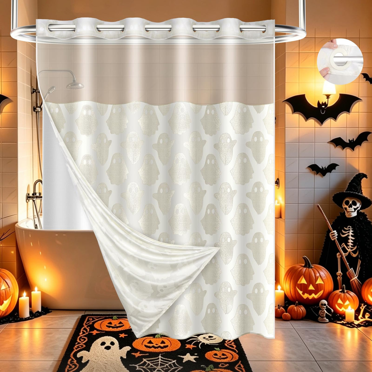 FADOTY Black No Hook Shower Curtain Set with Snap in Liner, 71'' x 74''