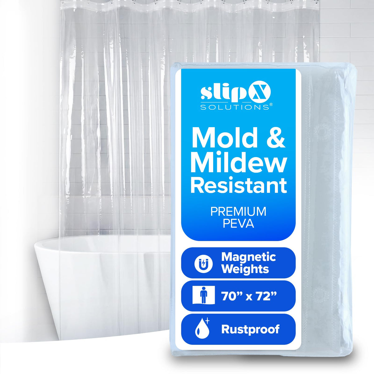SlipX Solutions Protected Shower Curtain Liner, 3G Lightweight, 70"x72", White