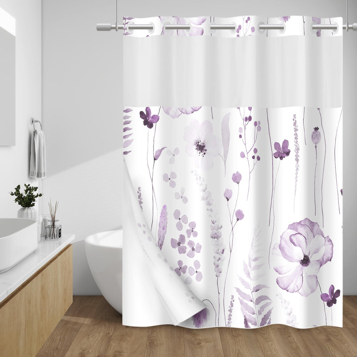 WITHLOC Hook Free Floral Shower Curtain with Liner, Blue Beige, 71x74