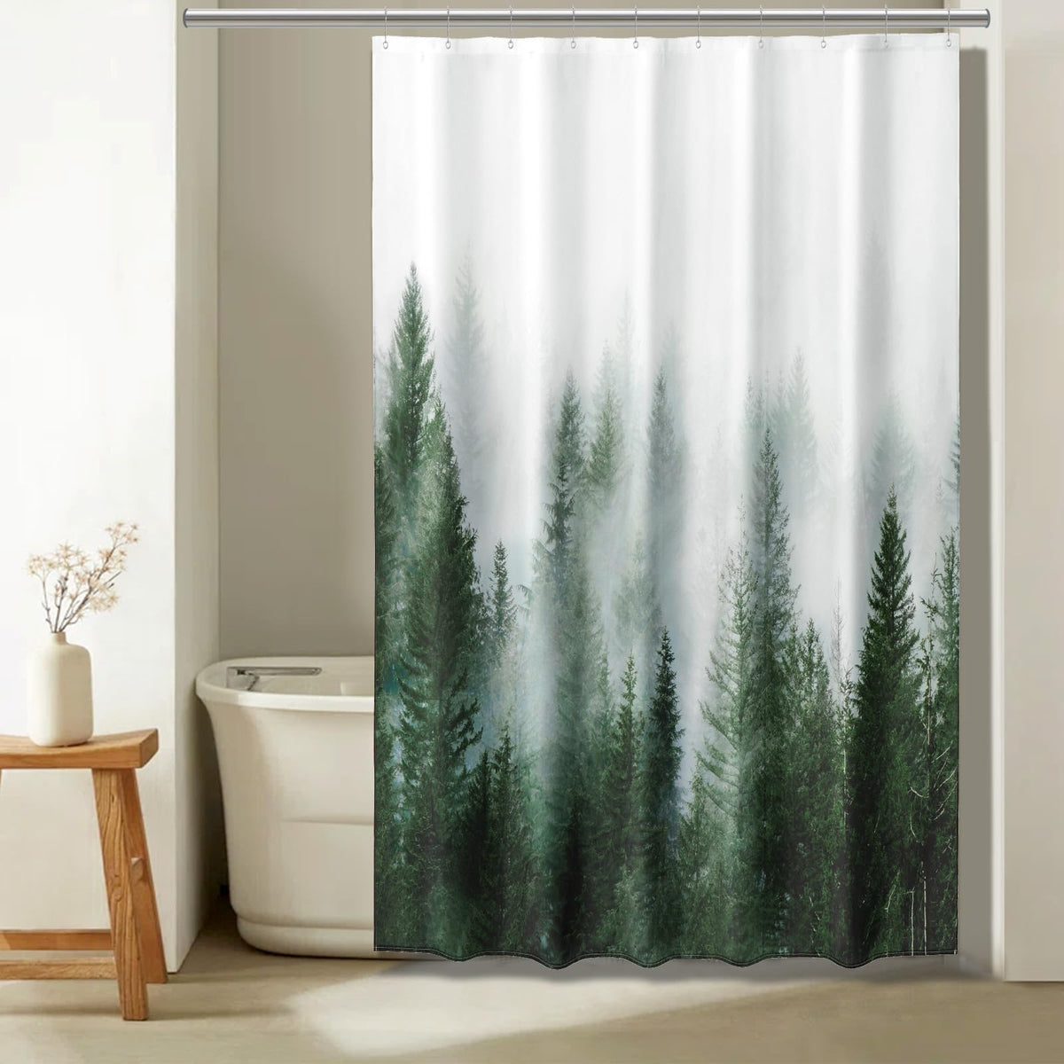 ORTIGIA Black and White Misty Forest Shower Curtain for Bathroom, Nature Woodland Curtain Set with Hooks, Decorative Pine Tree Fog Magic Bath Decor for Home Weighted, 72x72