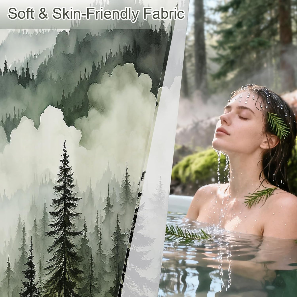 Dark Green Pine Forest Shower Curtain, Misty Woodland, 72 x 72 Inches