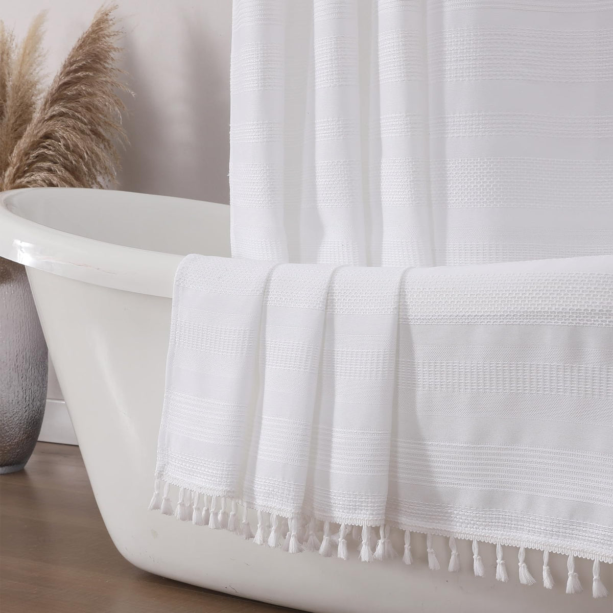 OVZME Natural Linen Shower Curtain for Bathroom, Boho Farmhouse Rustic Striped Shower Curtain with Tassel, Textured Heavy Duty Vintage Country Bathroom Curtain, 72Wx72L Inches