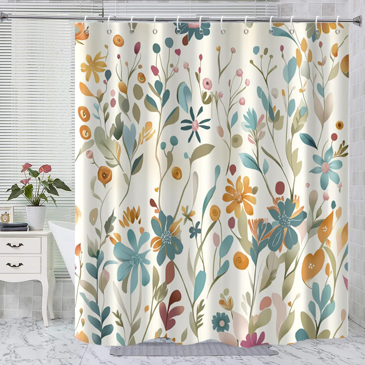Boho Mid Century Shower Curtain, Modern Abstract with Hooks 72x72