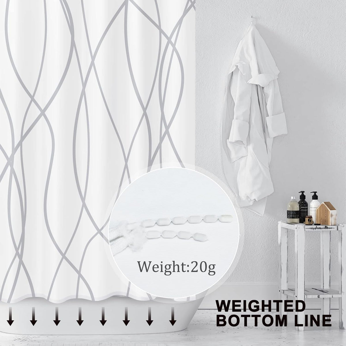 Striped Shower Curtain for Bathroom, Grey White, 72" W x 72" L