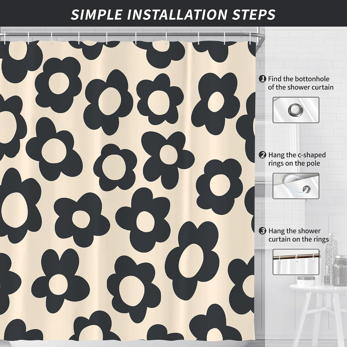 Black Cute Retro Floral Abstract 70s Aesthetic 72W*72H Inch Shower Curtain