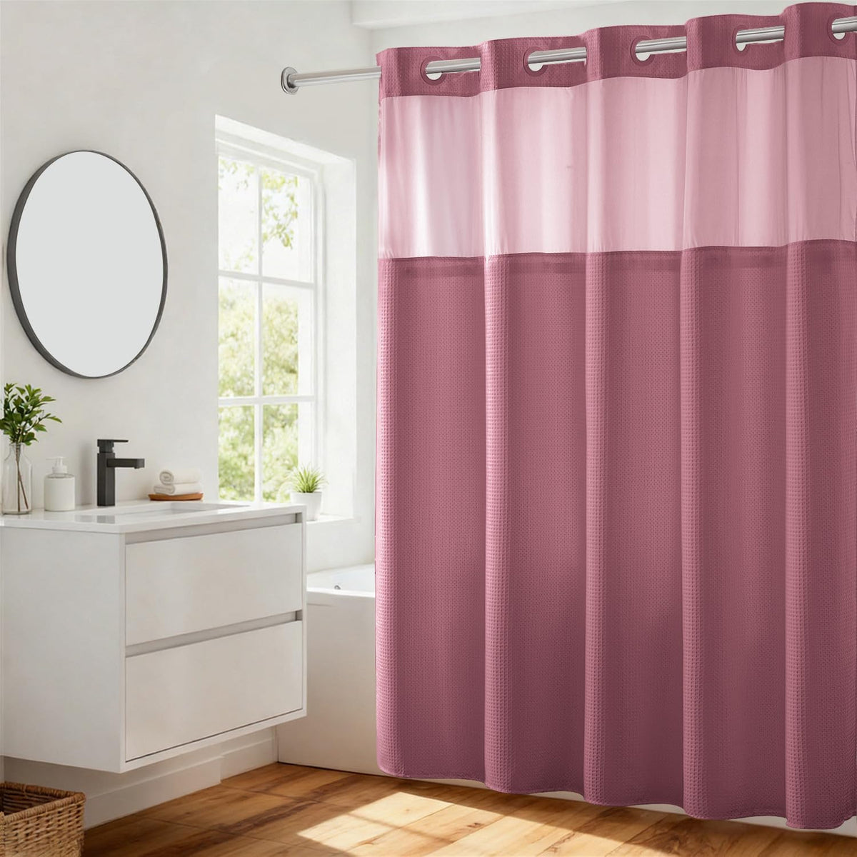 RiverDream Heavyweight Waffle No Hook Shower Curtain with Liner,White,71x74