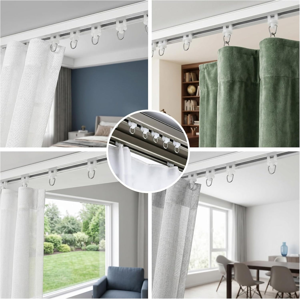100 Pcs White Curtain Track Rollers, 0.55 Inch Plastic Mute Sliding Ceiling Track Gliders, Drapery Rail Roller Clips with Hooks Replacement for Window Shower Bedroom Curtains
