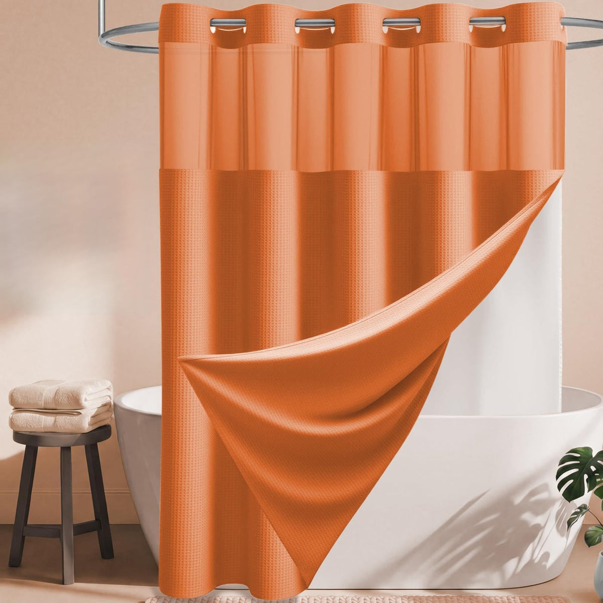 Dynamene Ringless Waffle Weave Fabric Shower Curtain Set, Black, 72"x75"