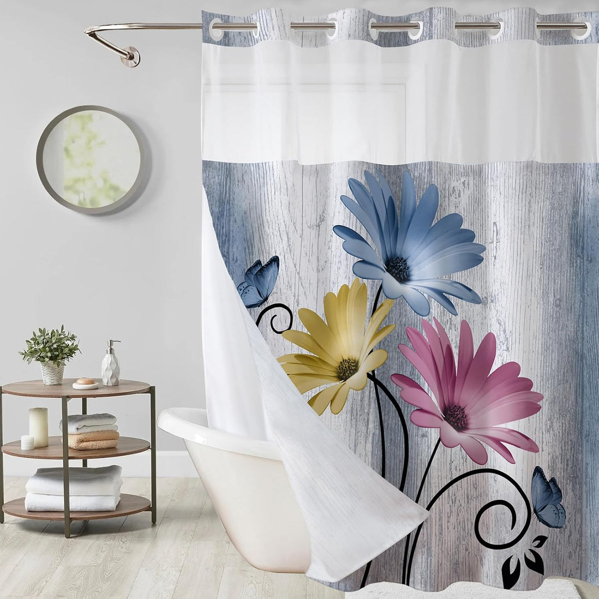 Hookless Shower Curtain with Snap in Liner, Blue Colorful Floral, 72W x 75L