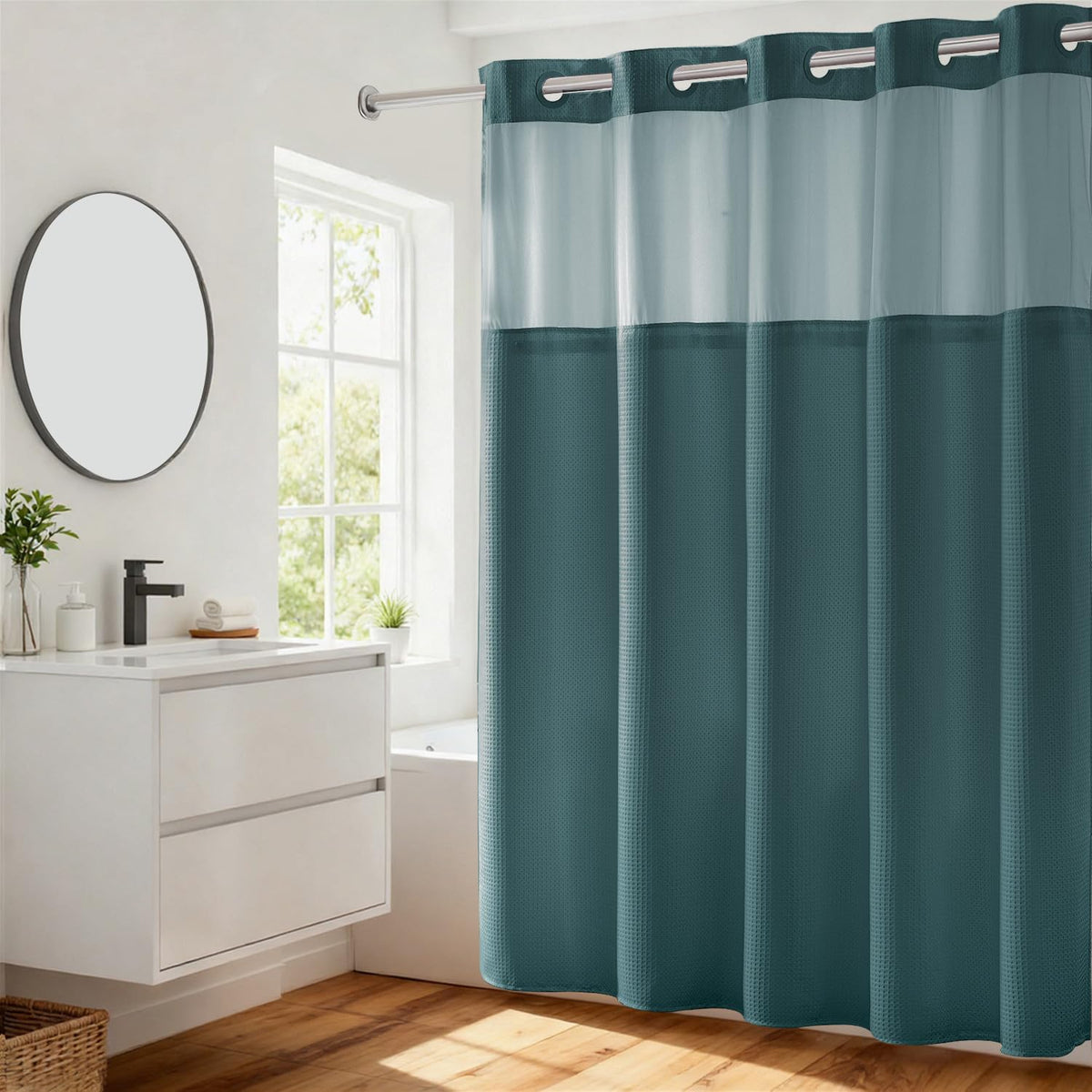 RiverDream Heavyweight Waffle No Hook Shower Curtain with Liner,White,71x74