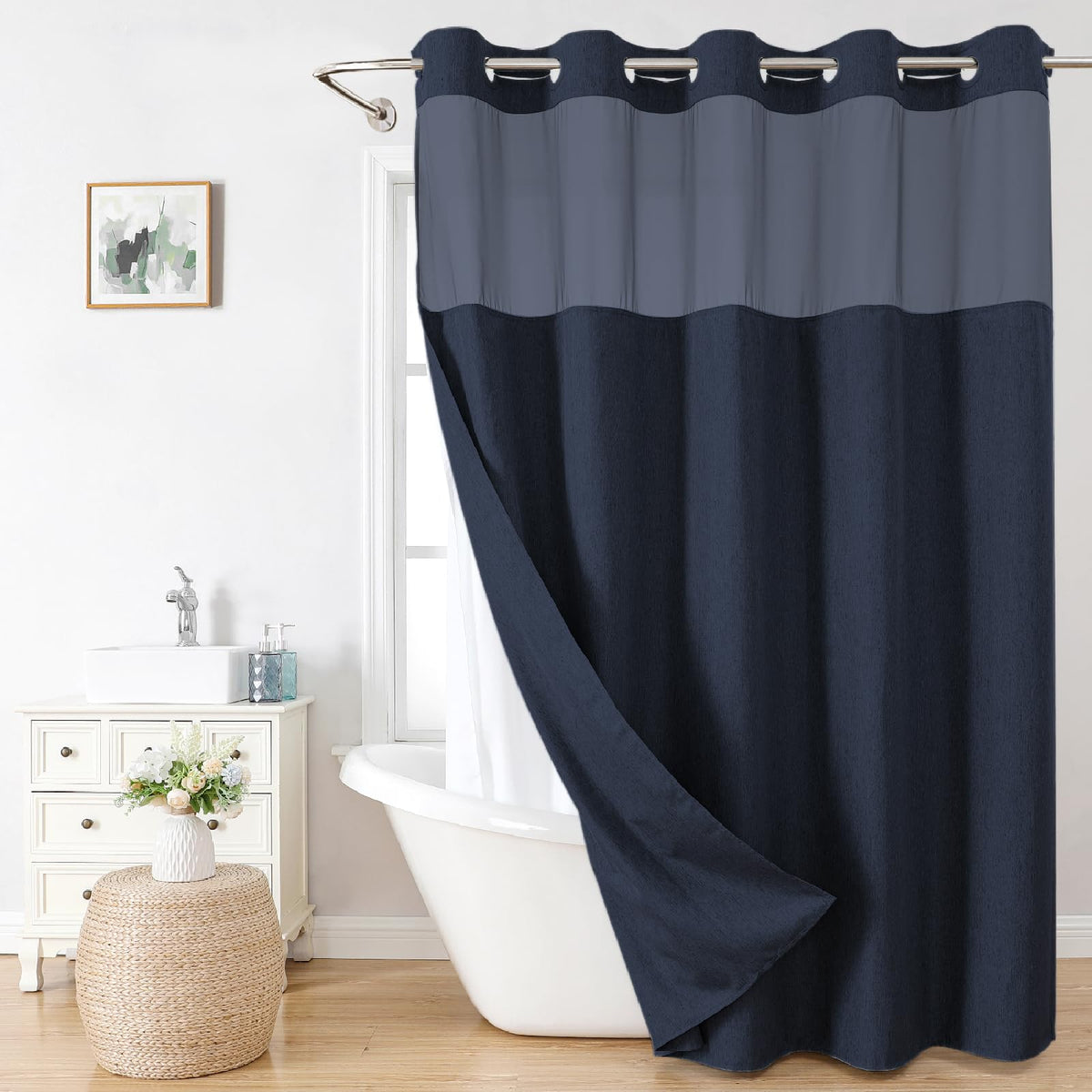 Eachope No Hooks Polyester Textured Shower Curtain with Snap-in Fabric Liner Set, Hotel Luxury Decor Shower Curtains for Bathroom with See Through Top Window, Waterproof & Washable, 71Wx74H, Cream
