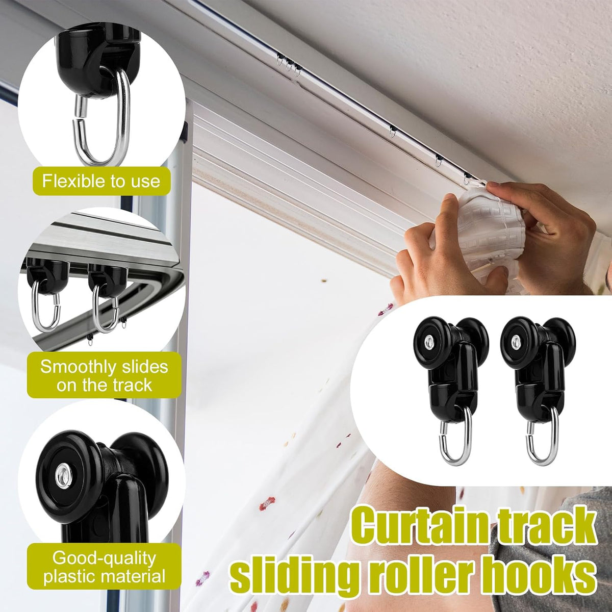 NQEUEPN 20Pcs Curtain Track Glider Rollers for Ceiling Rails (Black)