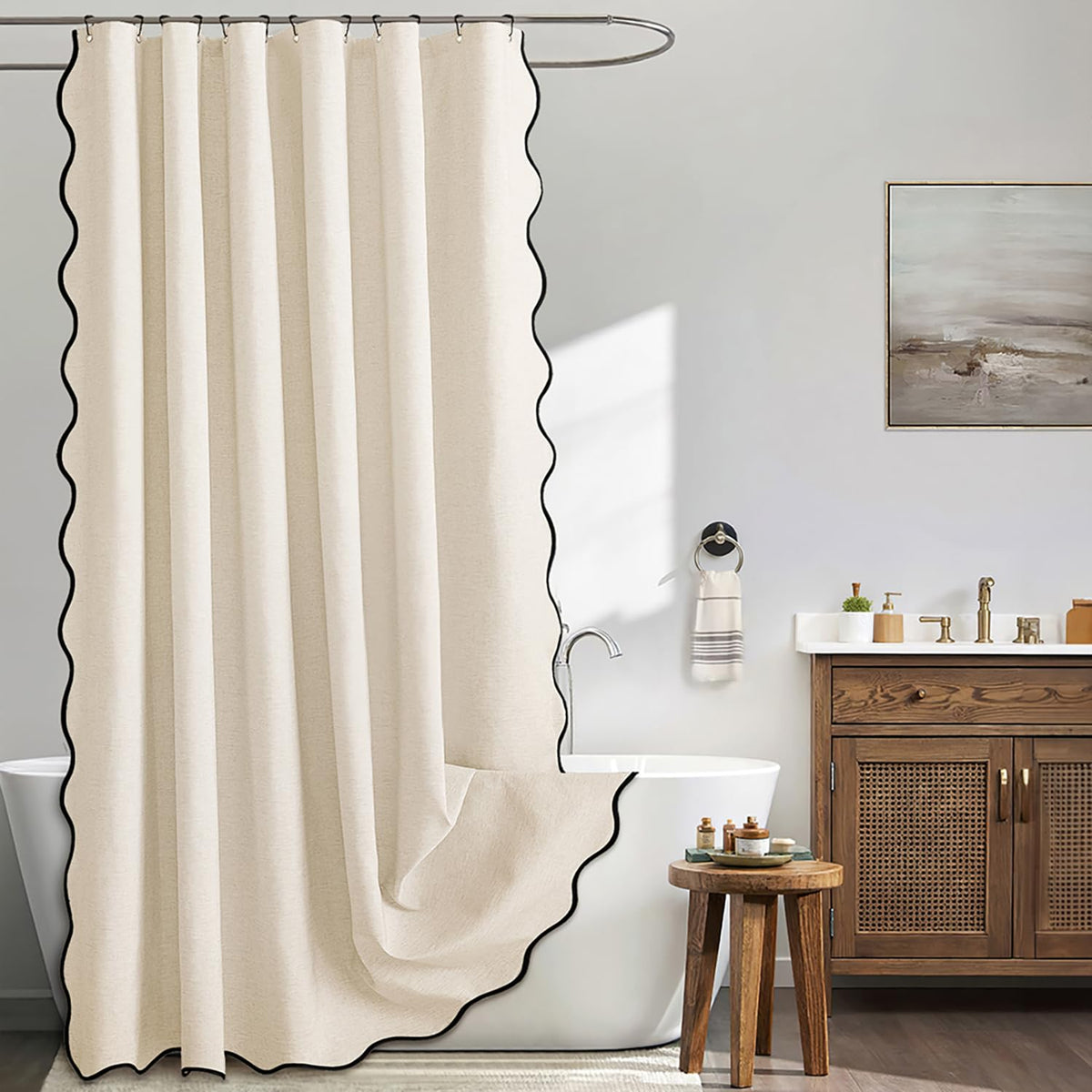 MIULEE Beige Scalloped Shower Curtain Linen Textured with 12 Metal Hooks Cute Heavy Duty Washable Waterproof Neutral Thick Cloth Shower Curtains with Black Border for Bathroom Bathtub,W72*L72 Cream
