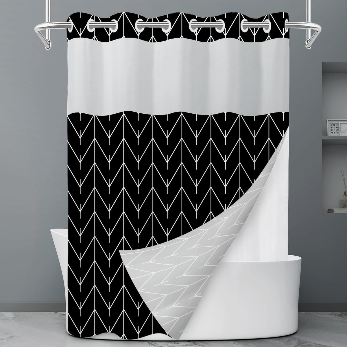 LXBNI Ringless Shower Curtain with Snap-in Liner, Gray White, 71 x 74 Inch