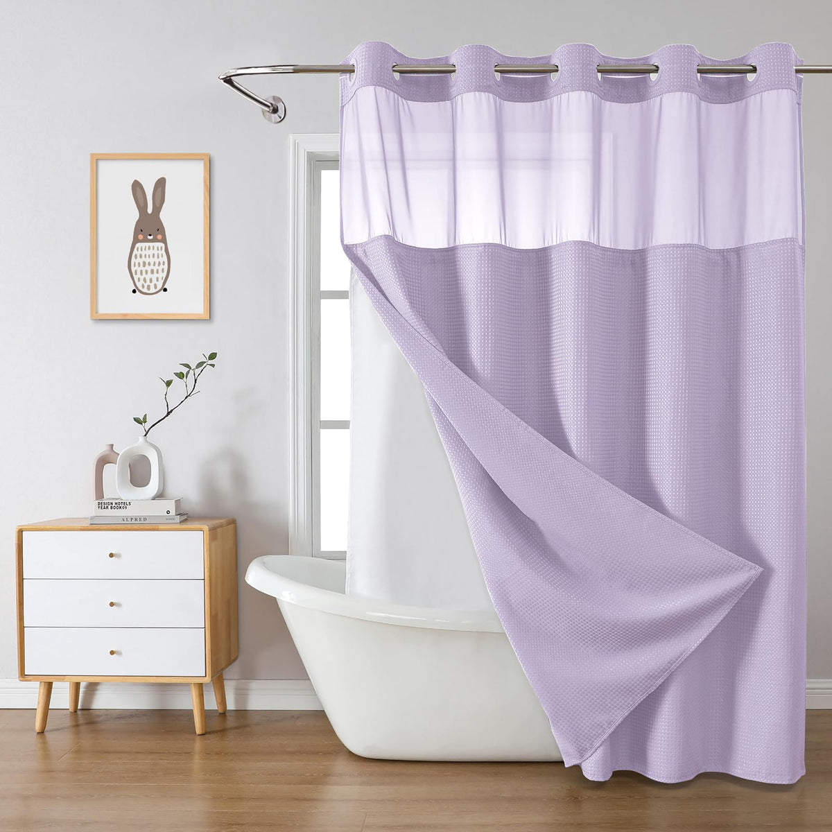eachope No Hook Waffle Shower Curtain with Snap-in Liner, 71x74 Inch, Grey