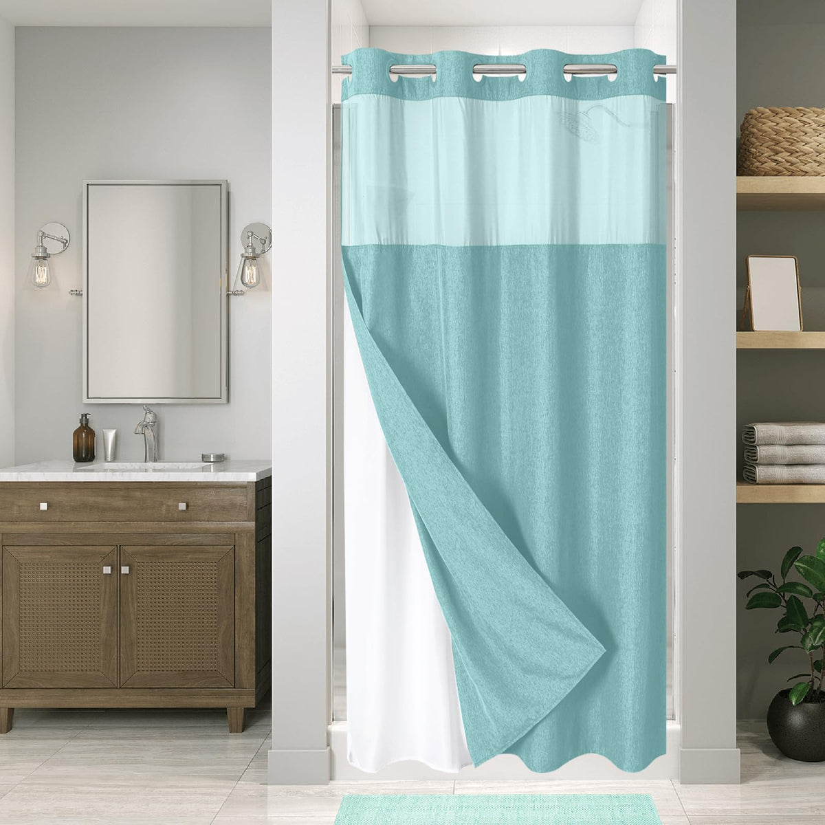 Eachope No Hooks Polyester Textured Shower Curtain with Snap-in Fabric Liner Set, Hotel Luxury Decor Shower Curtains for Bathroom with See Through Top Window, Waterproof & Washable, 71Wx74H, Cream