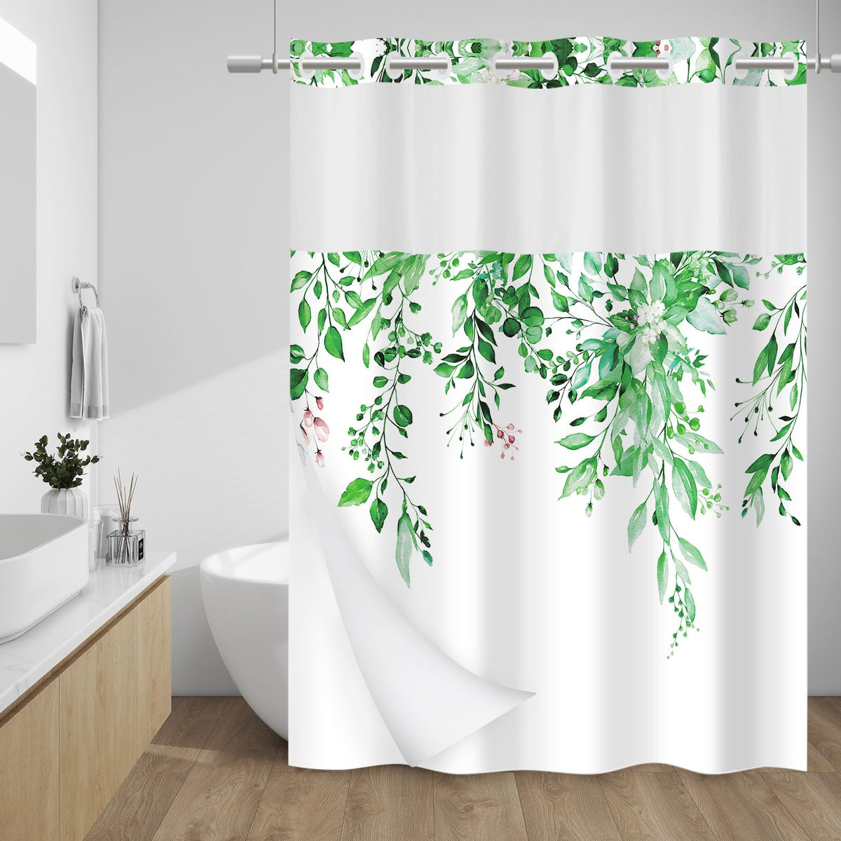 WITHLOC Hook Free Floral Shower Curtain with Liner, Blue Beige, 71x74