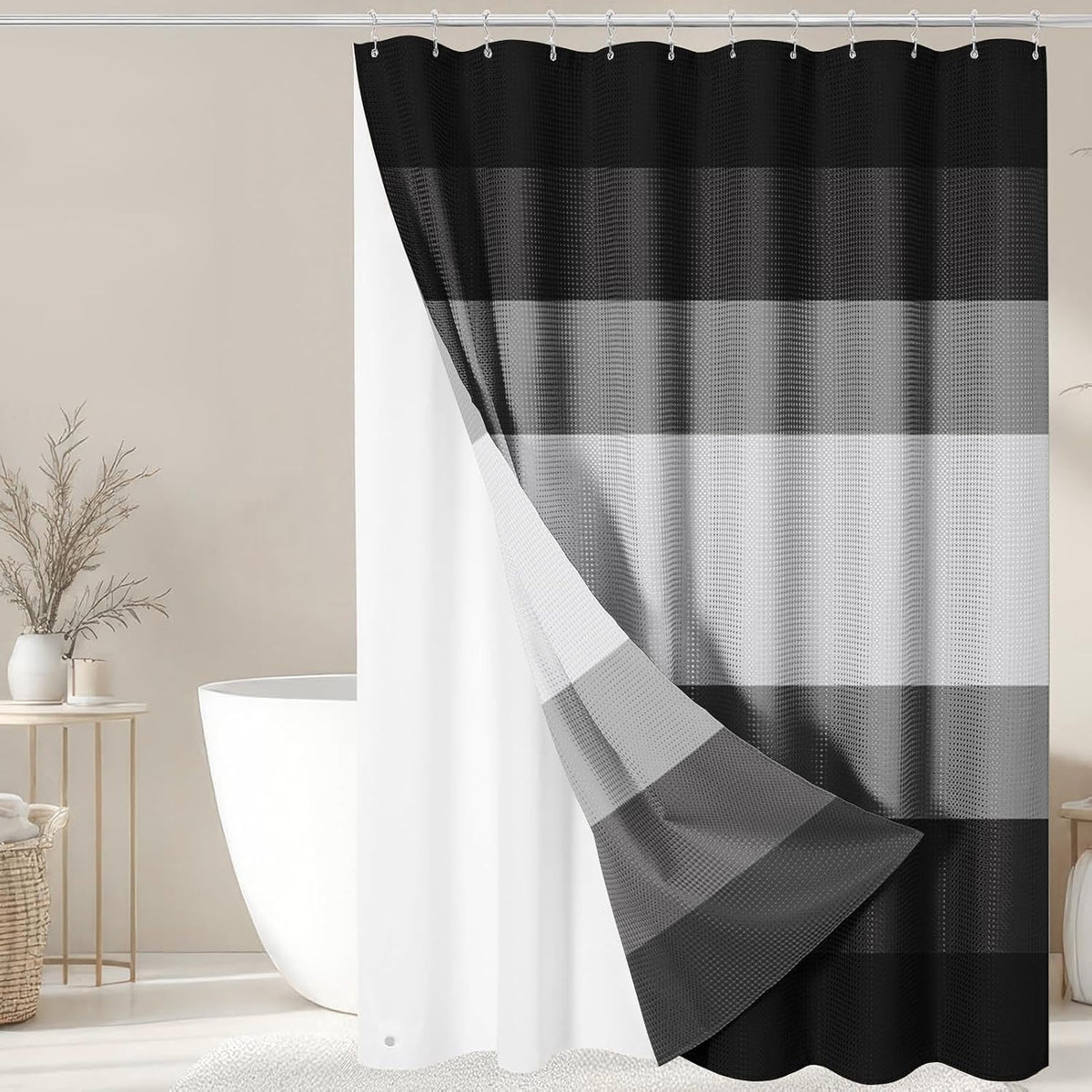 3 in 1 Shower Curtain and Liner,72 x 72 inch, Striped Grey