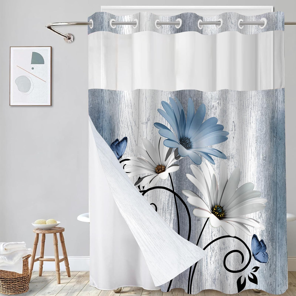 Hookless Shower Curtain with Snap in Liner, Blue Colorful Floral, 72W x 75L